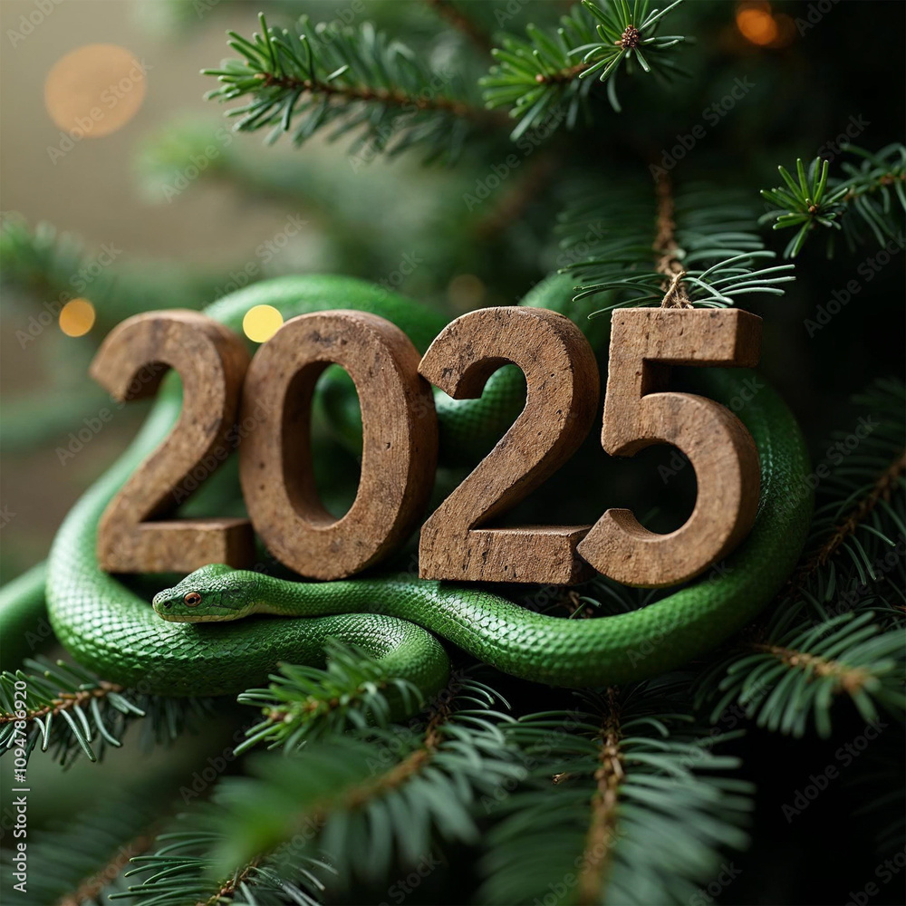 green wooden snake on a Christmas tree holding the numbers 2025 green wooden snake on a Christmas tree holding the numbers 2025