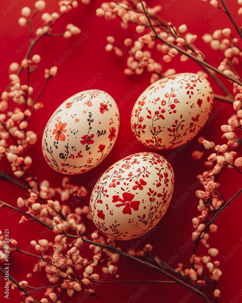 Fototapeta premium Handmade decorated red Easter eggs on the red background