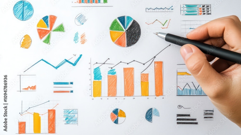 Hand Drawing Colorful Business Charts and Graphs on White Paper Hand Drawing Colorful Business Charts and Graphs on White Paper