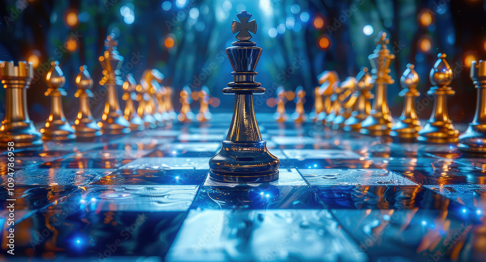 A glowing blue and gold chessboard with a perspective from behind a black knight, looking toward a white queen.