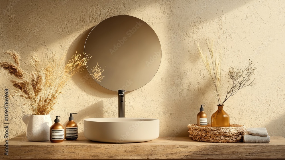 A modern bathroom scene featuring a round mirror, a minimalist sink, and elegant decor with dried flowers, creating a serene and stylish atmosphere. A modern bathroom scene featuring a round mirror, a minimalist sink, and elegant decor with dried flowers, creating a serene and stylish atmosphere.
