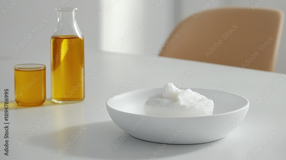 A white bowl with a dollop of white cream or moisturizer on a white table with a glass and bottle of golden oil in the background.