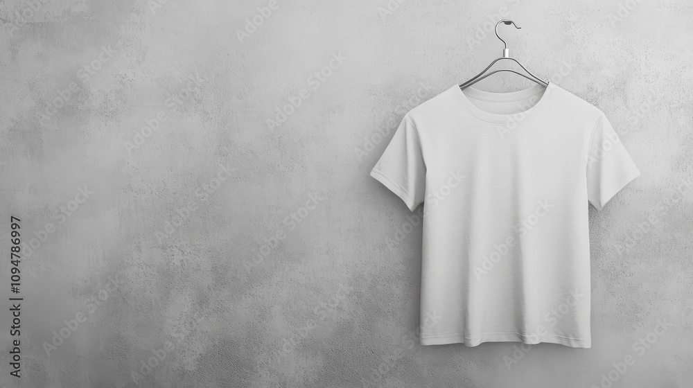 A simple white t-shirt is displayed hanging from a wooden hanger against a subtly textured light-colored wall. The scene conveys a minimalist aesthetic and a sense of simplicity. A simple white t-shirt is displayed hanging from a wooden hanger against a subtly textured light-colored wall. The scene conveys a minimalist aesthetic and a sense of simplicity.