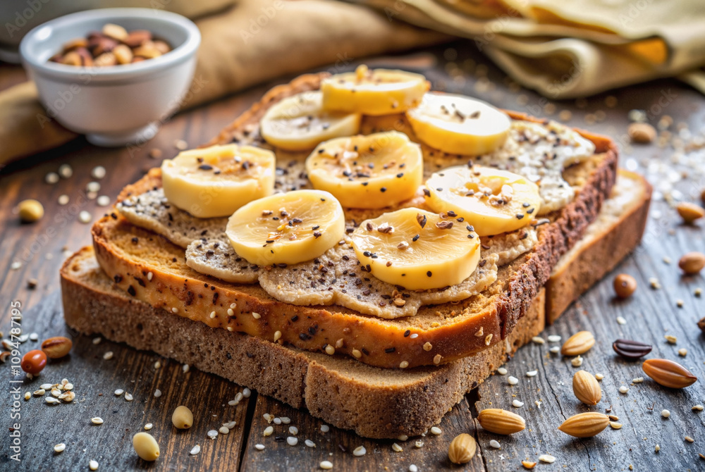 Toast with peanut butter, banana slices, and chia seeds Toast with peanut butter, banana slices, and chia seeds
