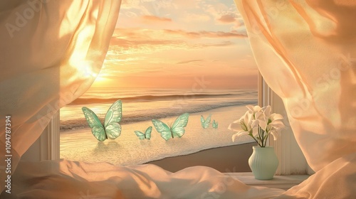 A peaceful beach sunset framed by an open window, where warm golden light illuminates the room through a silky, flowing cream-colored curtain.