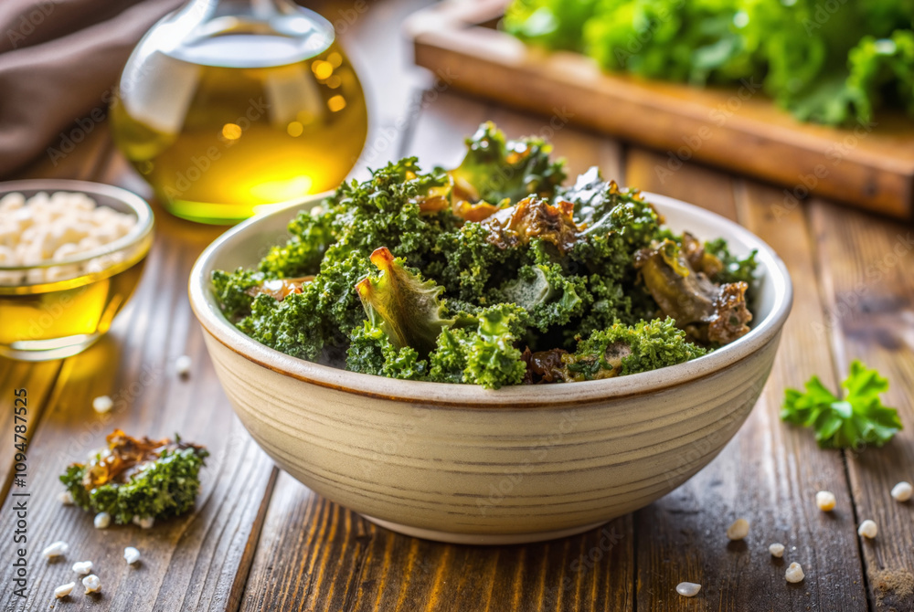 Bowl of kale salad with seeds and dressing Bowl of kale salad with seeds and dressing