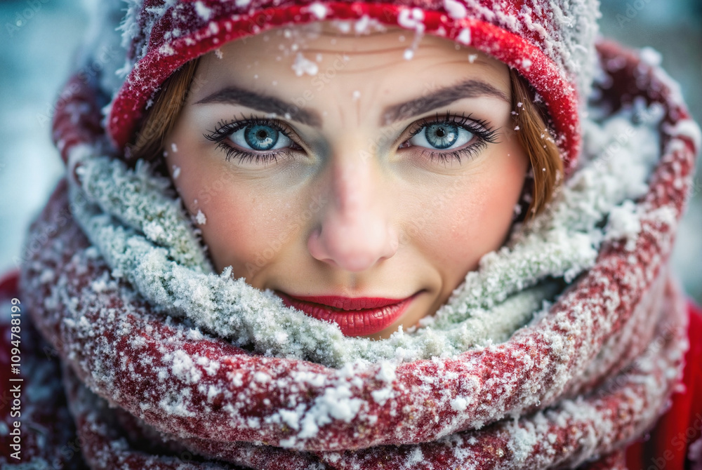 Woman in winter scarf with bright makeup in snow Woman in winter scarf with bright makeup in snow