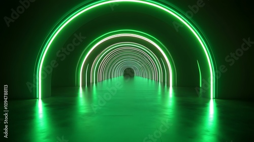 Glowing Green Neon Arcs in a Futuristic Tunnel. AI Generated