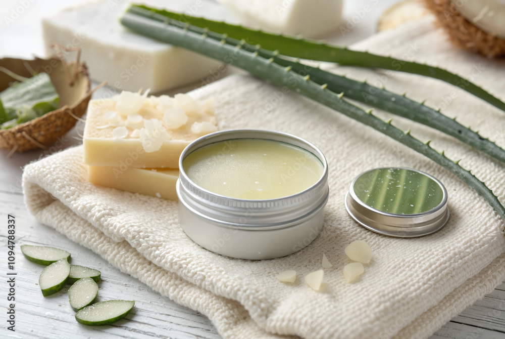 Aloe vera cream in tin jar with natural leaves Aloe vera cream in tin jar with natural leaves