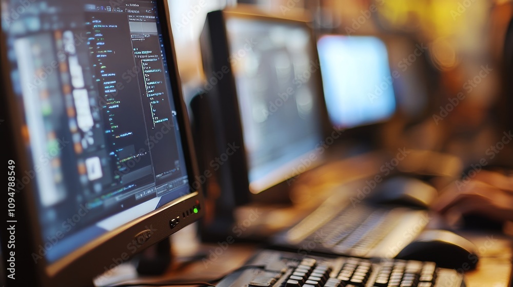 Blurred office interior with computer screens displaying code, evoking a bustling tech environment. Blurred office interior with computer screens displaying code, evoking a bustling tech environment.