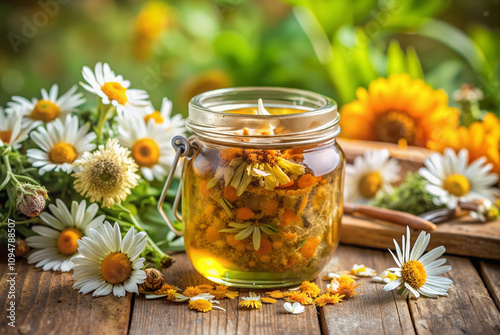 Jar of chamomile honey on wooden surface with flowers