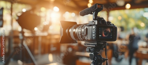 A Professional Camera Mounted on a Tripod with a Blurry Background