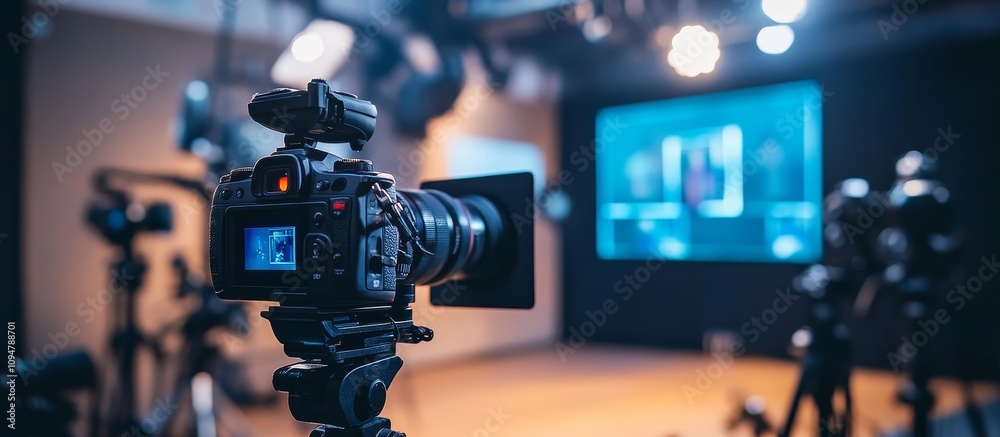 Professional Camera Focused on a TV Screen in a Studio Professional Camera Focused on a TV Screen in a Studio
