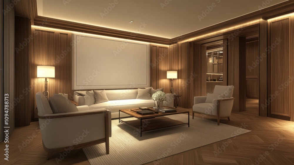 Modern living room with white sofa, wooden walls, parquet floor and lamp, featuring empty frame for text or artwork. 3D rendering, 3D illustration Modern living room with white sofa, wooden walls, parquet floor and lamp, featuring empty frame for text or artwork. 3D rendering, 3D illustration