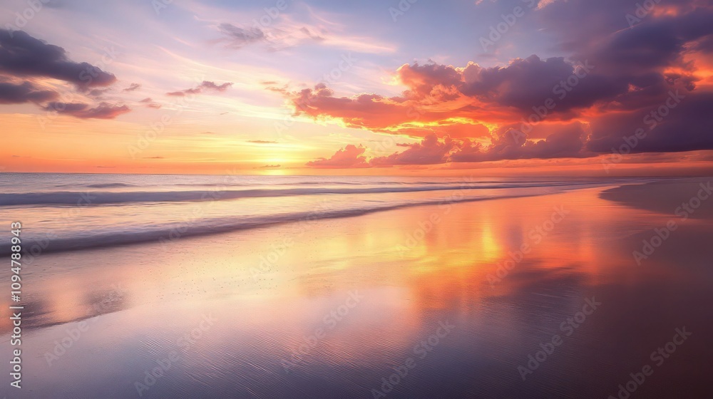 Fototapeta premium The vibrant coastal reflection of a dramatic sunset paints the wet beach sand and calm ocean water with brilliant warm colors and subtle movement.