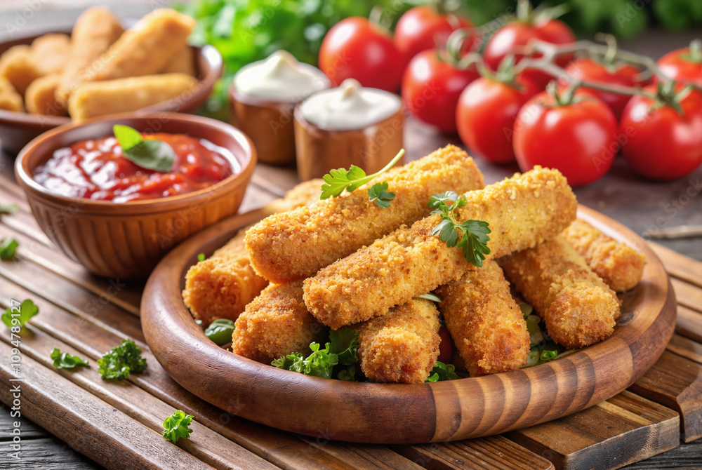 Plate of fried mozzarella sticks with dipping sauce Plate of fried mozzarella sticks with dipping sauce