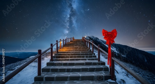 A Christmas landscape with a long staircase leading to the top of the mountain. Generative AI. photo