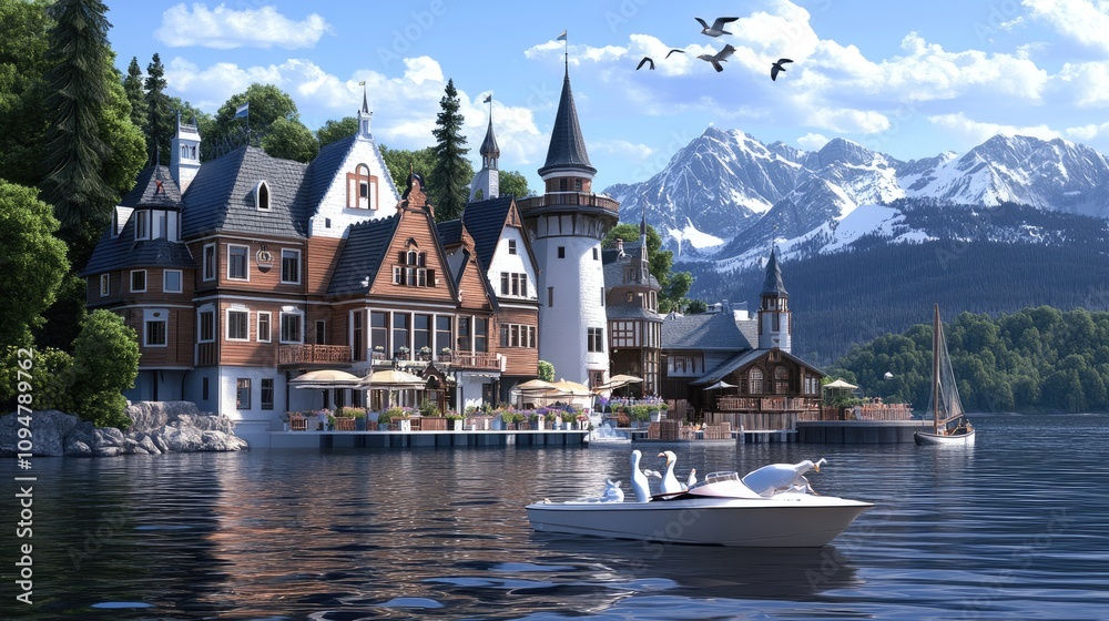 Fototapeta premium Charming village nestled by a serene lake with wooden homes, a windmill, and majestic snow-capped mountains, filled with seagulls gliding above