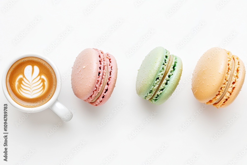 Espresso blend in a coffee and bakery concept. Colorful macarons beside a latte art coffee cup on a white background Espresso blend in a coffee and bakery concept. Colorful macarons beside a latte art coffee cup on a white background