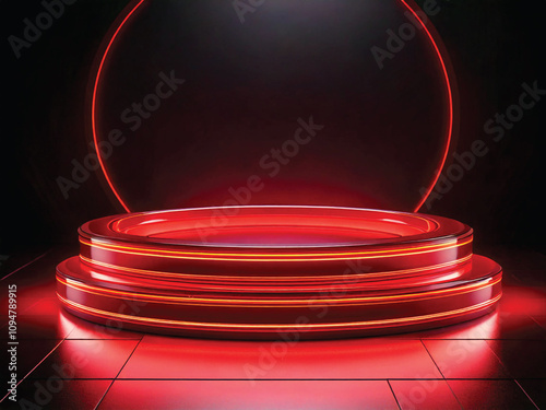 A futuristic illuminated stage podium with red lighting, ready for a vibrant event.