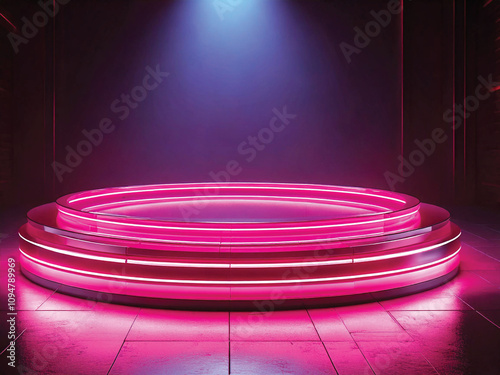 A futuristic illuminated stage podium with pink lighting, ready for a vibrant event.