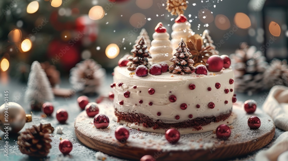Christmas cake, Christmas trees background. Christmas cake, Christmas trees background.