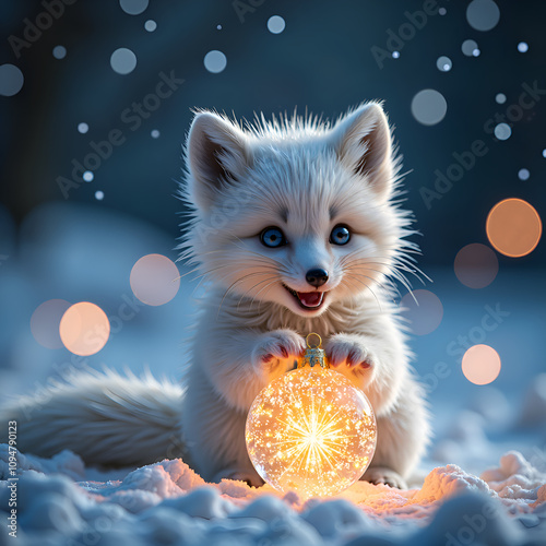 Adorable arctic fox playing with a glowing ornament in a snowy wonderworld, photorealistic of fantasy concept. photo