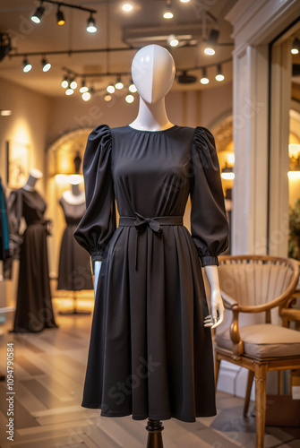 Black midi dress with puff sleeves on mannequin in store