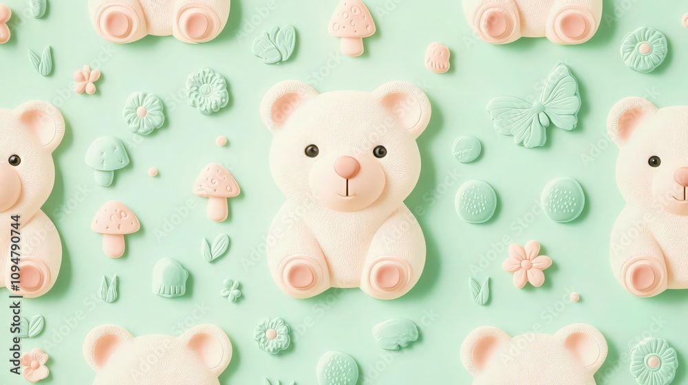 A playful, embossed teddy bear pattern in shades of pastel pink and cream, on a soft mint green background. A playful, embossed teddy bear pattern in shades of pastel pink and cream, on a soft mint green background.