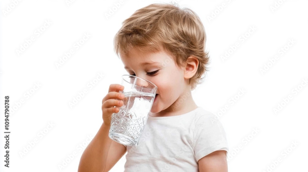 Child enjoying a glass of water while wearing a white shirt in a bright setting Child enjoying a glass of water while wearing a white shirt in a bright setting