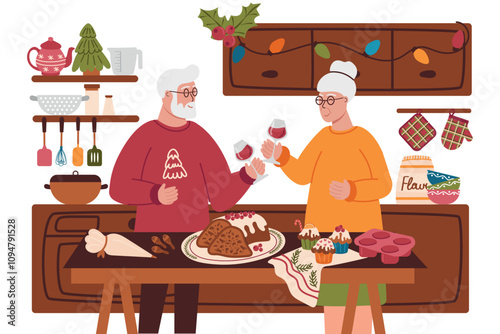 Elderly couple with glasses of wine at the set table. Celebrating Christmas, New Year. Festive dinner