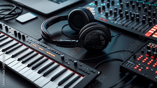 A modern music production setup featuring a MIDI keyboard, headphones, and a sound mixer. photo