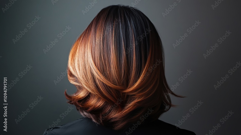 Naklejka premium Elegant hairstyle with warm tones and soft curls displayed against a dark background