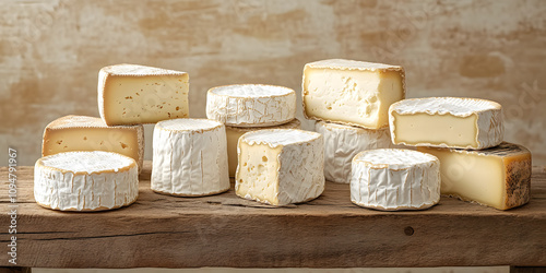 A Collection of Gourmet Cheeses on Rustic Wooden Surface photo