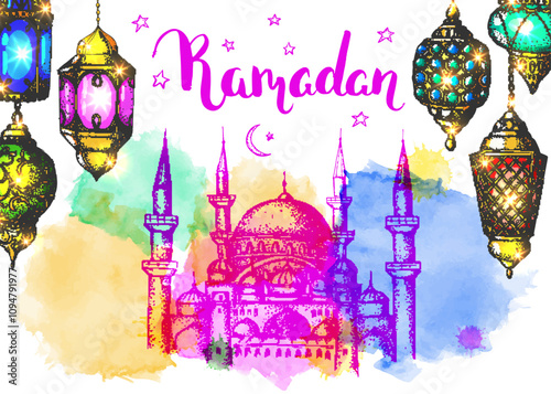 Mosque at night with colorful lanterns and Ramadan Kareem calligraphy on a pink watercolor sunset