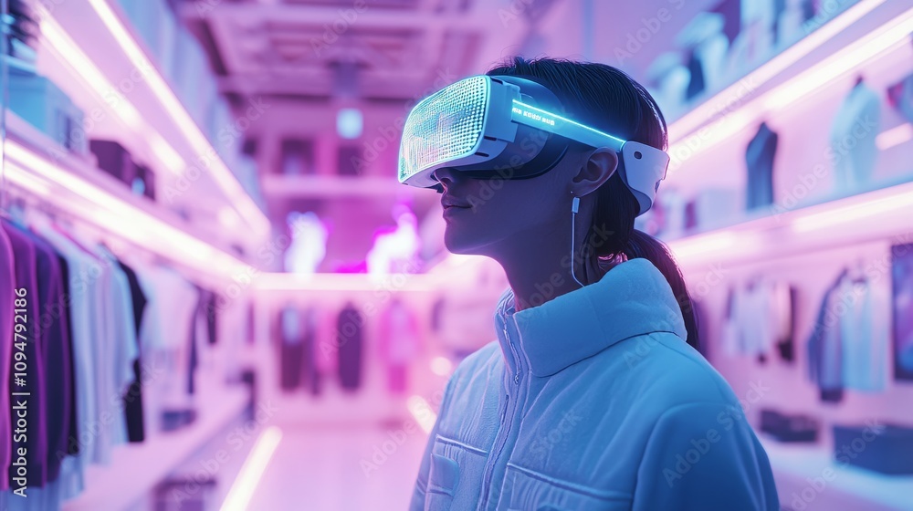 Woman Immersed in Virtual Reality Shopping, Browsing AR Clothing Displays in Futuristic Store Woman Immersed in Virtual Reality Shopping, Browsing AR Clothing Displays in Futuristic Store
