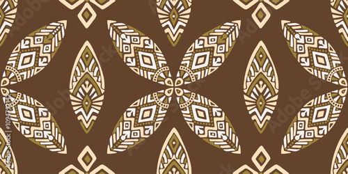 Seamless African pattern with leaf shield. Savanna tribal vector ornament. Hand drawn weave ethnic carpet. Modern geo print on textile. Ancient rug design for bohemian interior