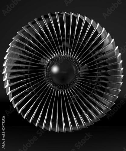 High-precision, metallic turbine engine with intricate fan blades and a central rotor.Powerful, silver jet engine showcasing complex engineering and design. Futuristic turbine 