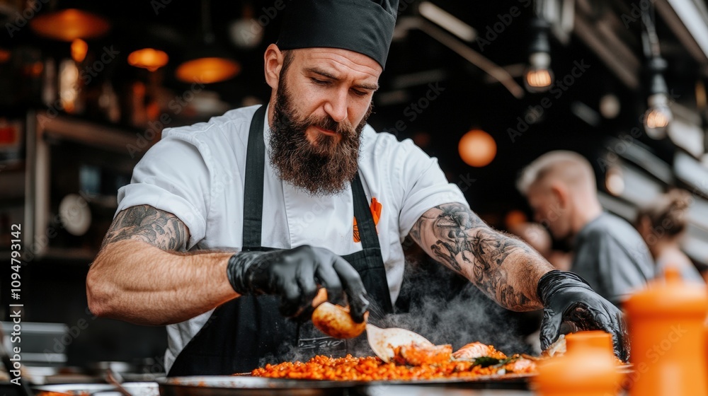 Chef preparing a delicious seafood dish at an outdoor kitchen during a busy culinary event Chef preparing a delicious seafood dish at an outdoor kitchen during a busy culinary event