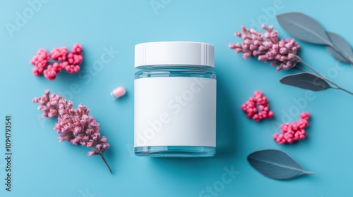 Simple clear jar with blank label surrounded by pink flowers and a pill on a blue background