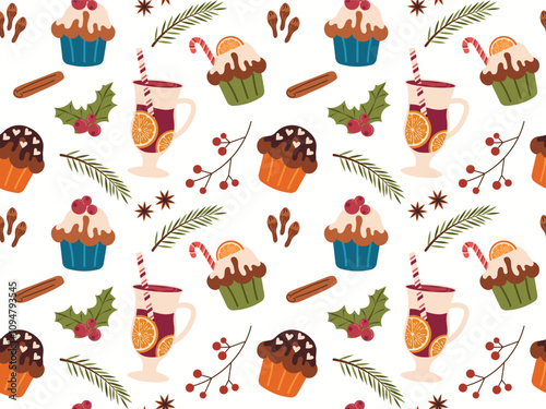 Seamless pattern with traditional winter drink, Christmas cupcakes.