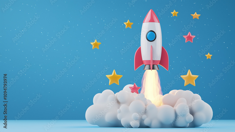 Children's rocket on blue background flying up with space for text Children's rocket on blue background flying up with space for text