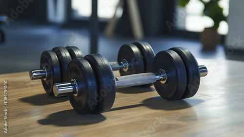 Strength training zone with adjustable dumbbells and free weights.