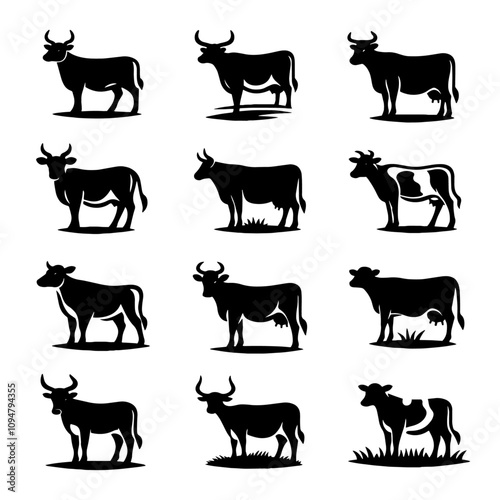 Twelve Silhouettes of Cows: A Diverse Collection of Bovine Illustrations