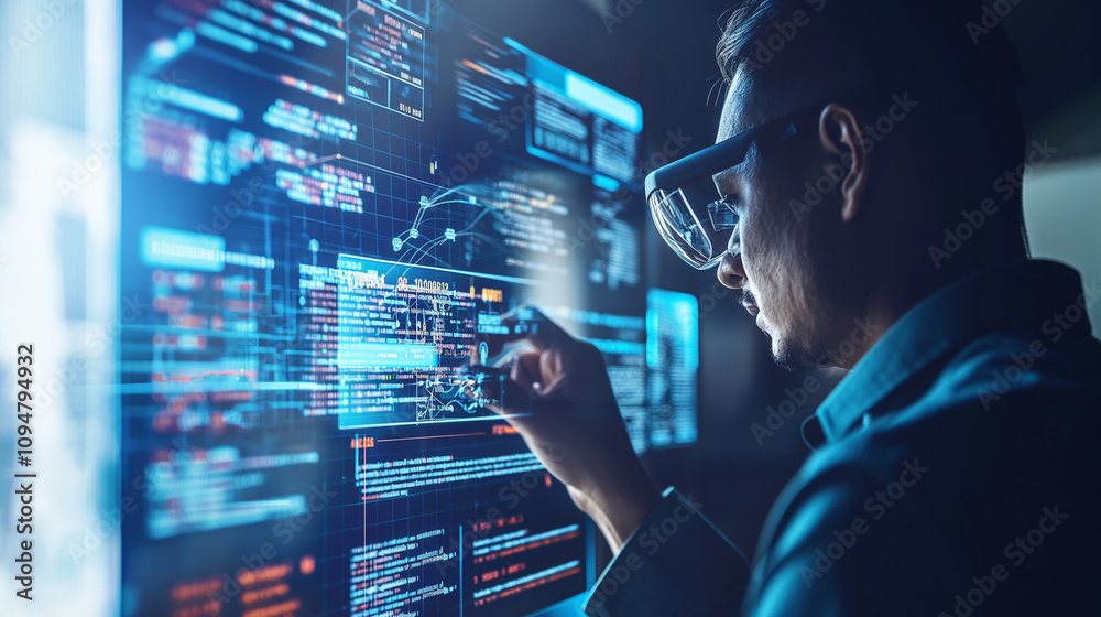 A person using AR glasses to navigate a virtual interface displaying cybersecurity breaches, blocked intrusions, and data recovery processes. A person using AR glasses to navigate a virtual interface displaying cybersecurity breaches, blocked intrusions, and data recovery processes.