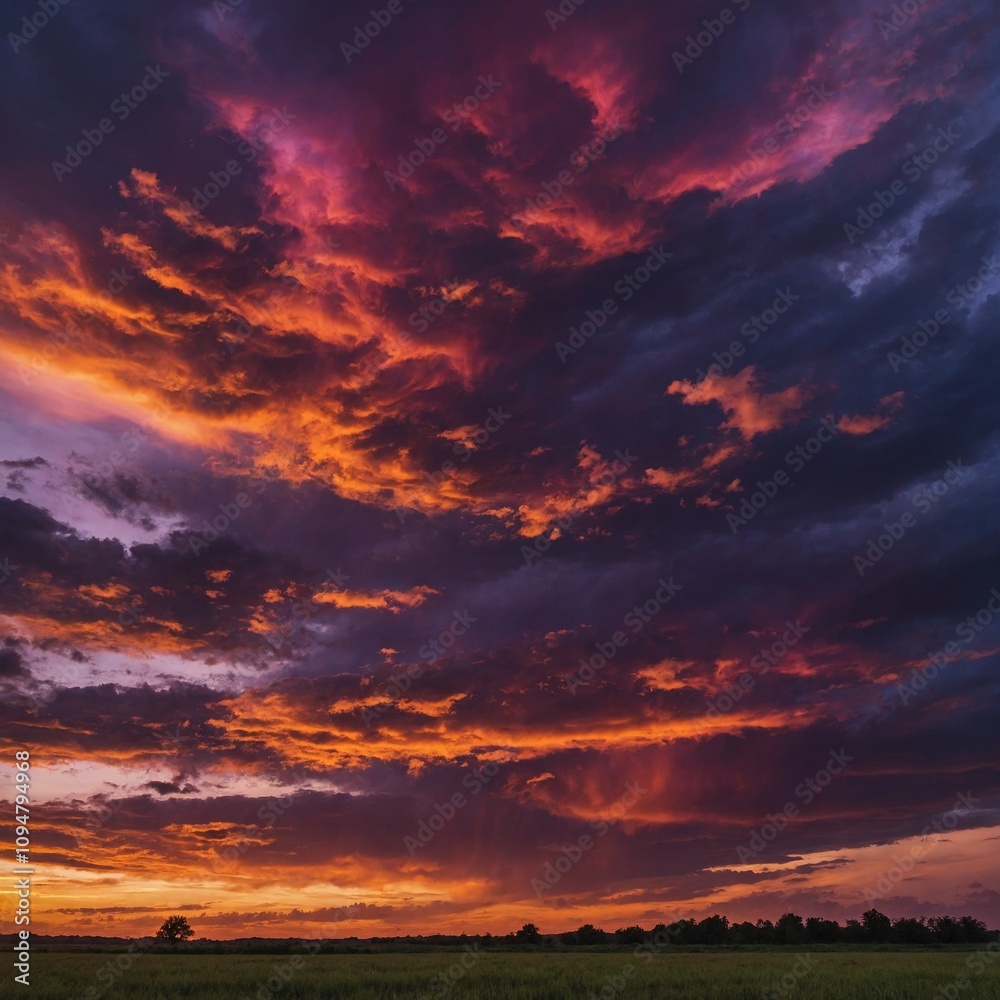 Fototapeta premium A vibrant sunset sky with deep hues of pink, purple, and orange, casting light over the landscape.