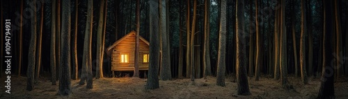 A cozy cabin illuminated at night, surrounded by tall trees in a serene forest.