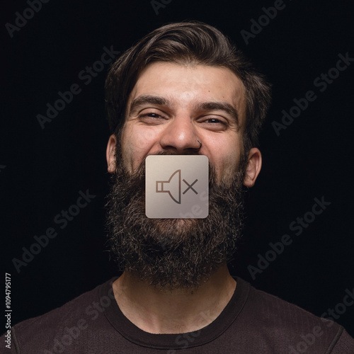 Foto Bearded man with mute symbol covering his mouth, smiling ironically, expressing themes of pressure masked by false positivity