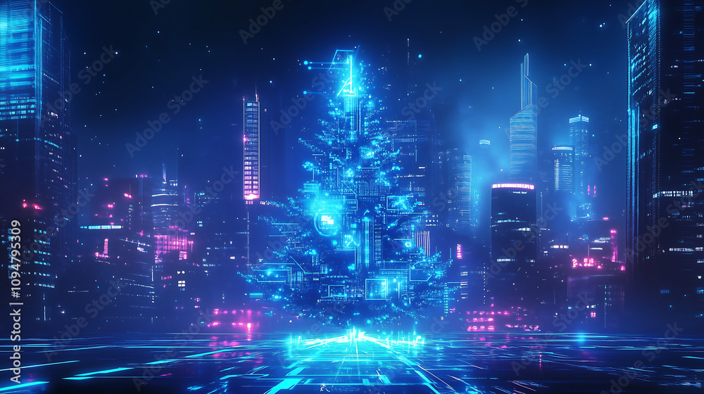 Fototapeta premium A neon blue digital Christmas tree