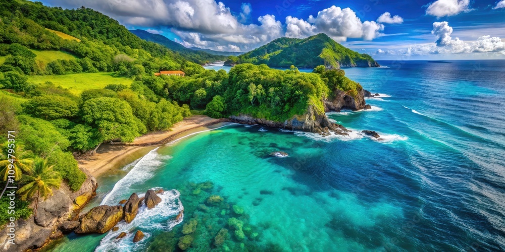 Fototapeta premium Serene Aerial View of Rocky Shoreline with Blue Waters and Lush Trees in Martinique Island
